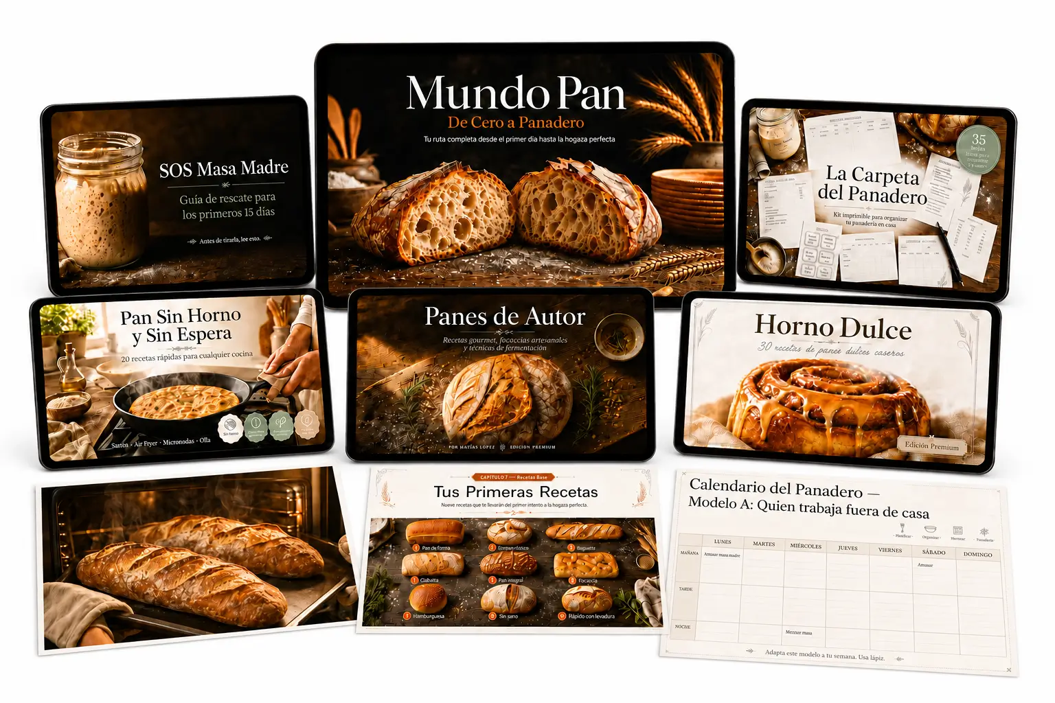 Mundo Pan y sus cinco bonos mostrados en tablets y páginas impresas