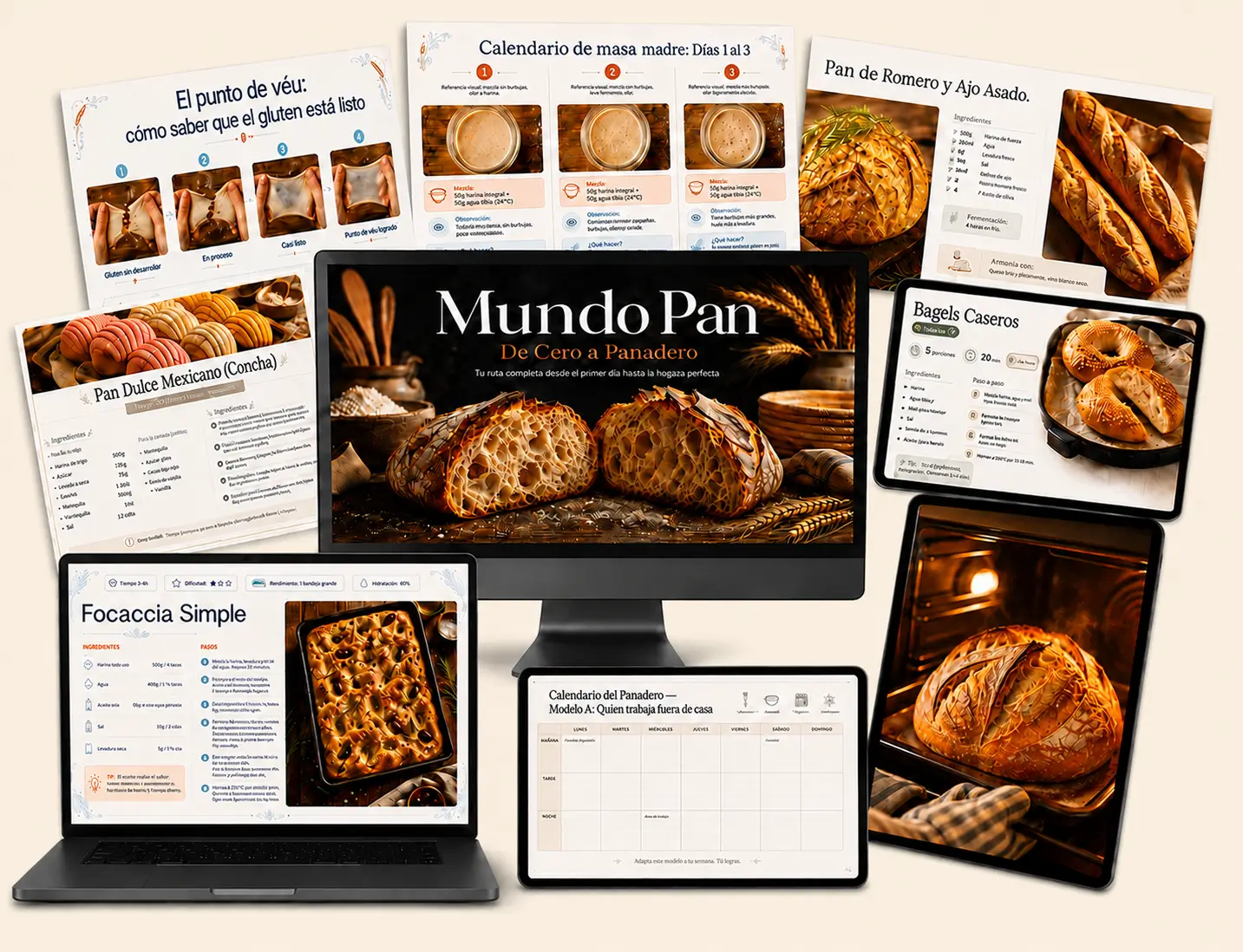 Mundo Pan abierto en tablet, celular y páginas impresas